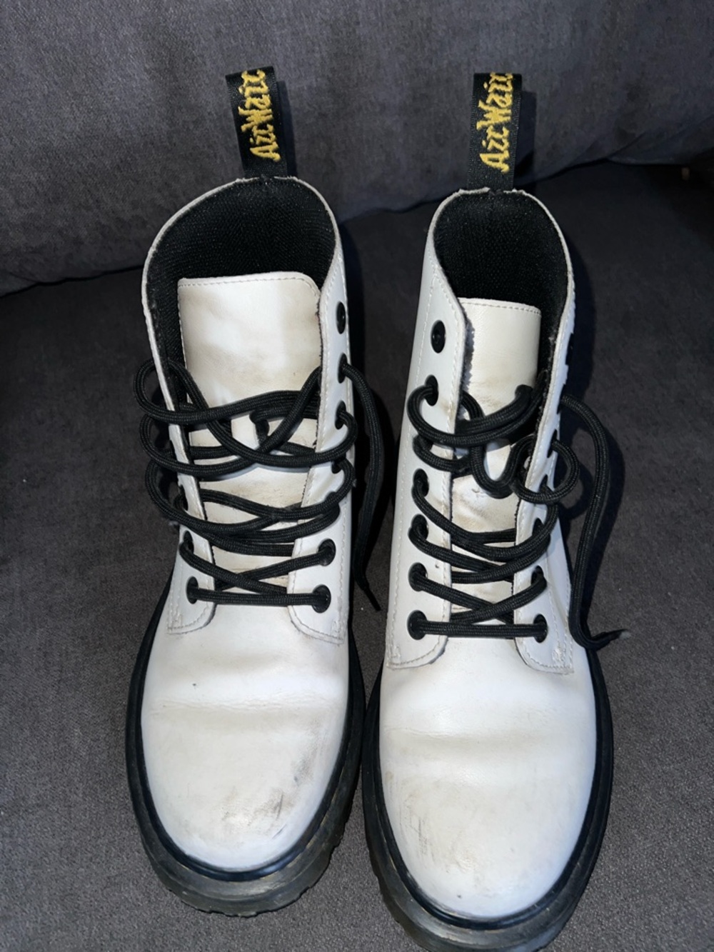 Dr. Martens White Leather Lace-Up Boots with Black Soles and Yellow Tabs